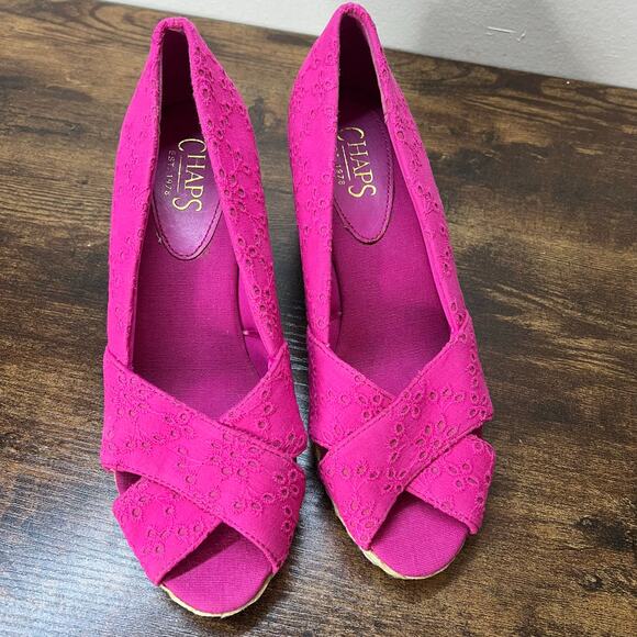 CHAPS Dakota Wedge Sandals 8 Pink Espadrille Peep Toe Eyelet Embroidered Chic - Picture 8 of 10